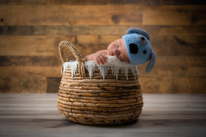 Serene studio portrait: Newborn peacefully asleep inside a natural fiber basket, evoking the gentle essence of early life.